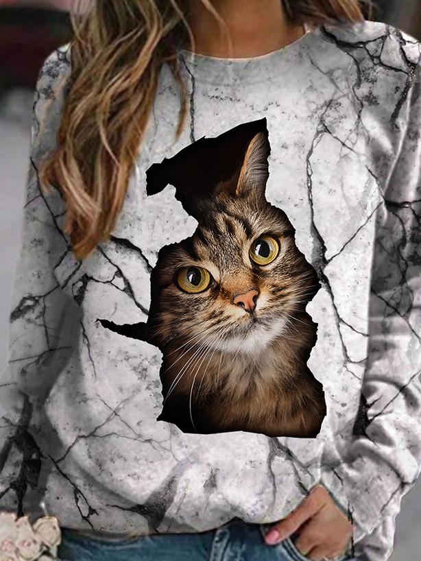 Women's T-Shirts Cat Print Round Neck Long Sleeve T-Shirts - LuckyFash™