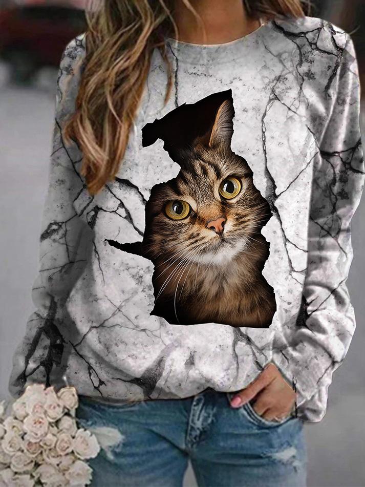 Women's T-Shirts Cat Print Round Neck Long Sleeve T-Shirts - LuckyFash™