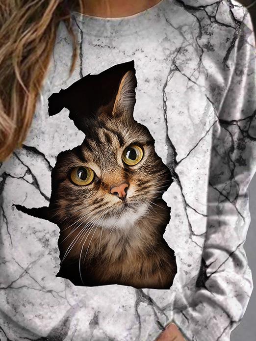 Women's T-Shirts Cat Print Round Neck Long Sleeve T-Shirts - LuckyFash™