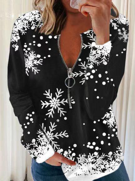 Women's T-Shirts Christmas Snowflake Zipper V-Neck Long Sleeve T-Shirt - LuckyFash™