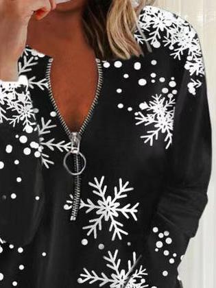 Women's T-Shirts Christmas Snowflake Zipper V-Neck Long Sleeve T-Shirt - LuckyFash™