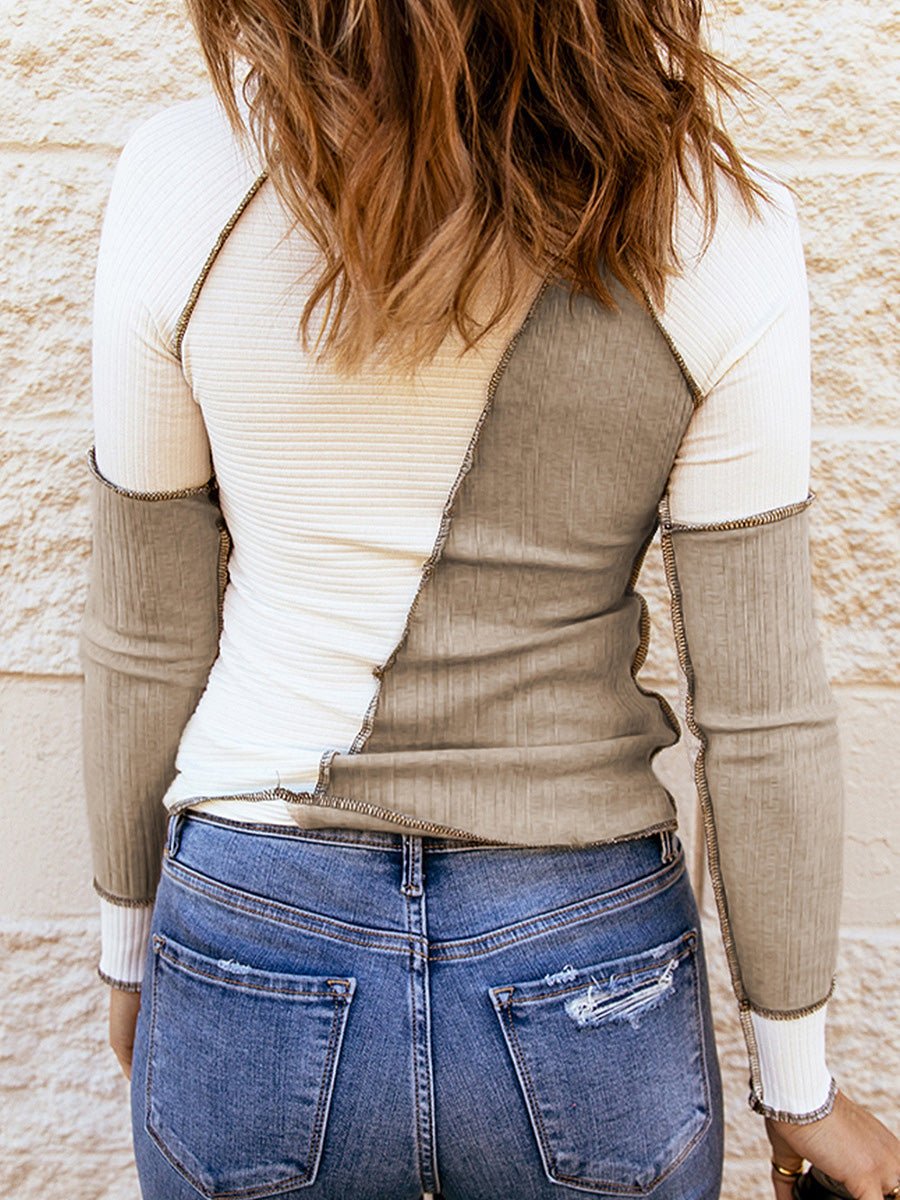 Women's T-Shirts Contrast Slim Knit Long Sleeve T-Shirt - LuckyFash™
