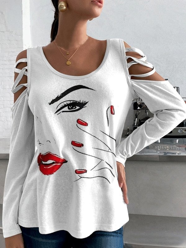 Women's T-Shirts Cool Face Print Round Neck Off Shoulder Long Sleeve T-Shirt - LuckyFash™