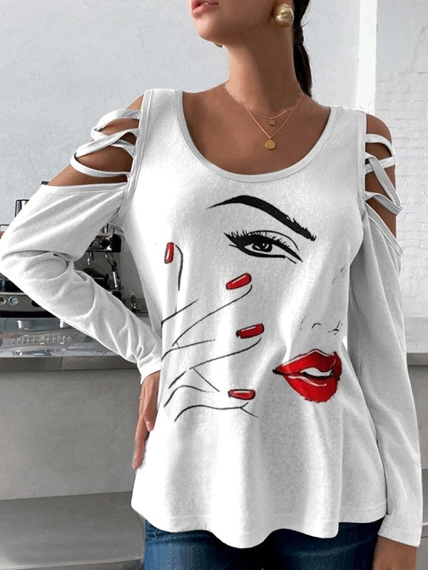 Women's T-Shirts Cool Face Print Round Neck Off Shoulder Long Sleeve T-Shirt - LuckyFash™