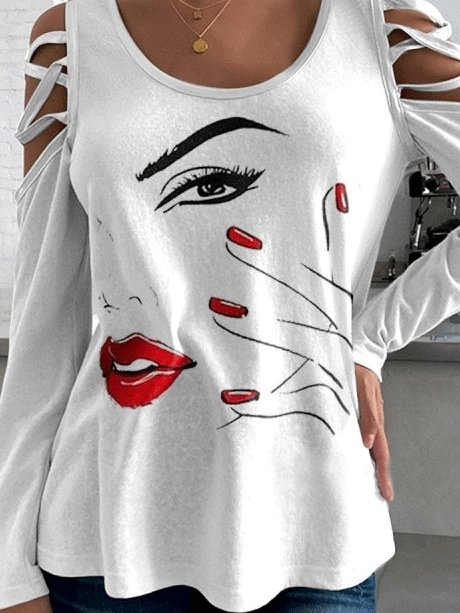 Women's T-Shirts Cool Face Print Round Neck Off Shoulder Long Sleeve T-Shirt - LuckyFash™
