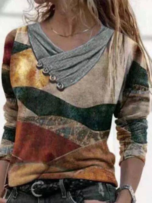 Women's T-Shirts Cross V-Neck Button Printed Long Sleeve T-Shirts - LuckyFash™