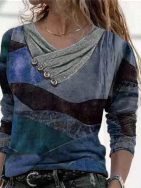 Women's T-Shirts Cross V-Neck Button Printed Long Sleeve T-Shirts - LuckyFash™