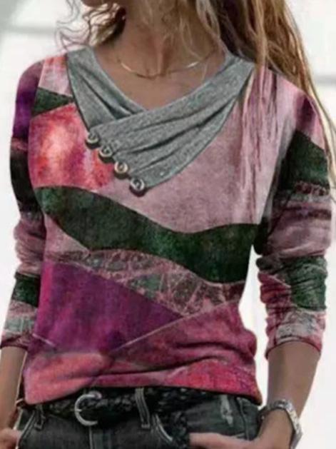 Women's T-Shirts Cross V-Neck Button Printed Long Sleeve T-Shirts - LuckyFash™