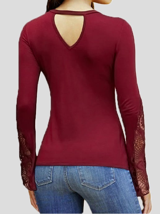 Women's T-Shirts Deep V Neck Lace Panel Long Sleeve T-Shirts - LuckyFash™