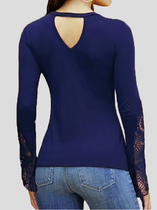 Women's T-Shirts Deep V Neck Lace Panel Long Sleeve T-Shirts - LuckyFash™