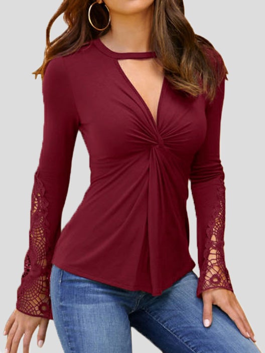 Women's T-Shirts Deep V Neck Lace Panel Long Sleeve T-Shirts - LuckyFash™
