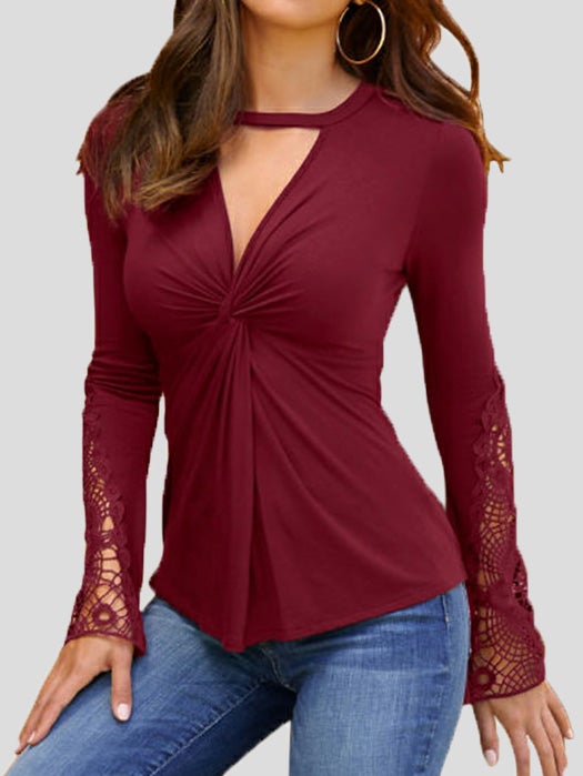 Women's T-Shirts Deep V Neck Lace Panel Long Sleeve T-Shirts - LuckyFash™