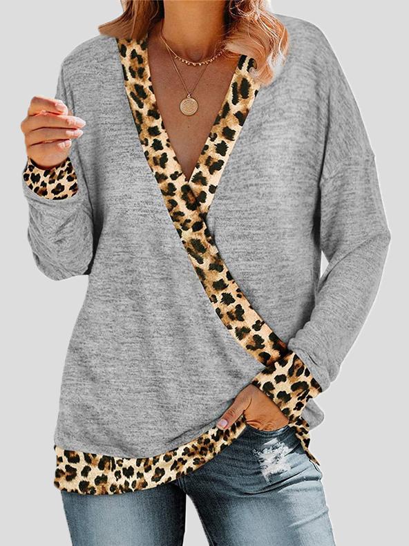Women's T-Shirts Deep V-neck Leopard Print Long Sleeve T-Shirt - LuckyFash™