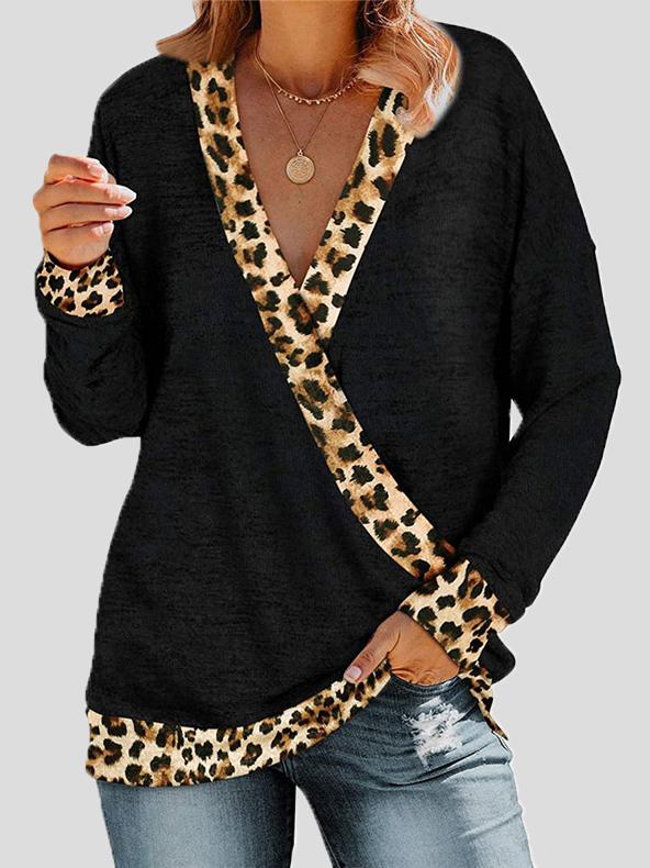 Women's T-Shirts Deep V-neck Leopard Print Long Sleeve T-Shirt - LuckyFash™