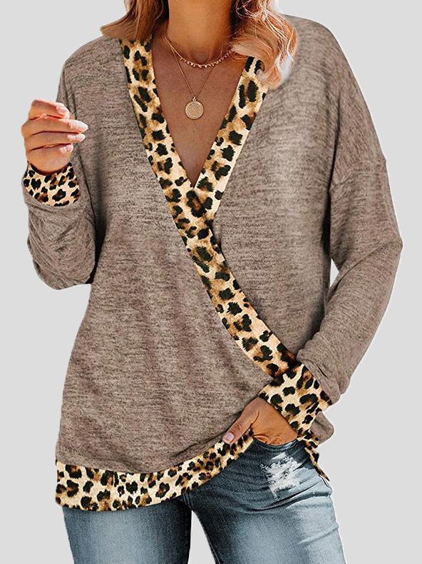 Women's T-Shirts Deep V-neck Leopard Print Long Sleeve T-Shirt - LuckyFash™