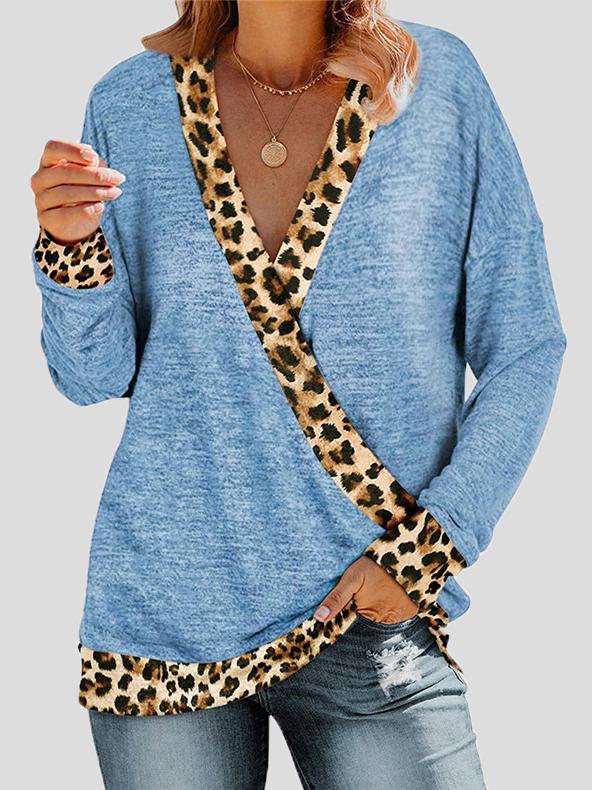 Women's T-Shirts Deep V-neck Leopard Print Long Sleeve T-Shirt - LuckyFash™