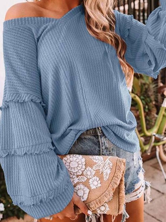 Women's T-Shirts Fashion Waffle V-Neck Lantern Sleeve T-Shirts - LuckyFash™