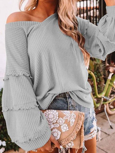 Women's T-Shirts Fashion Waffle V-Neck Lantern Sleeve T-Shirts - LuckyFash™