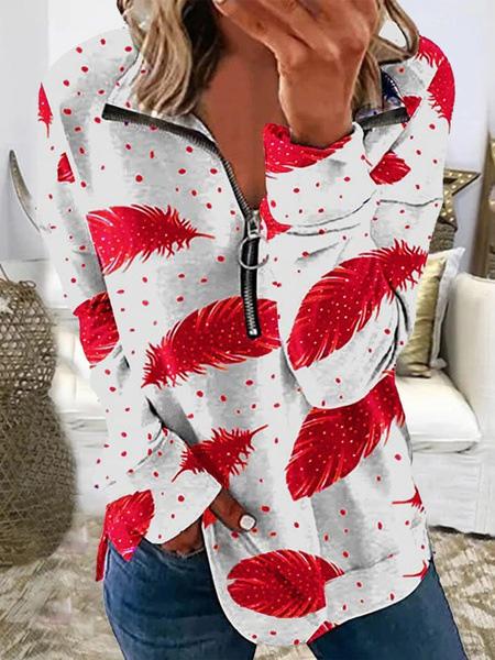 Women's T-Shirts Feather Print Lapel Zipper Long Sleeve T-Shirt - LuckyFash™