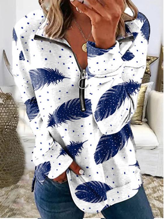Women's T-Shirts Feather Print Lapel Zipper Long Sleeve T-Shirt - LuckyFash™