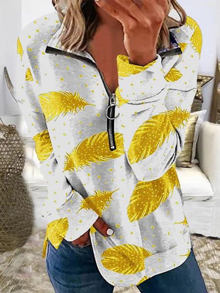 Women's T-Shirts Feather Print Lapel Zipper Long Sleeve T-Shirt - LuckyFash™