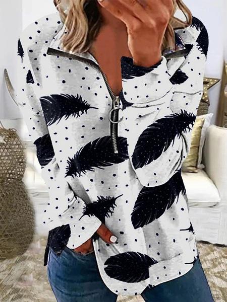 Women's T-Shirts Feather Print Lapel Zipper Long Sleeve T-Shirt - LuckyFash™