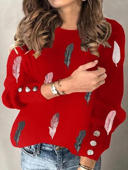 Women's T-Shirts Feather Print Round Neck Long Sleeve Knit T-Shirt - LuckyFash™