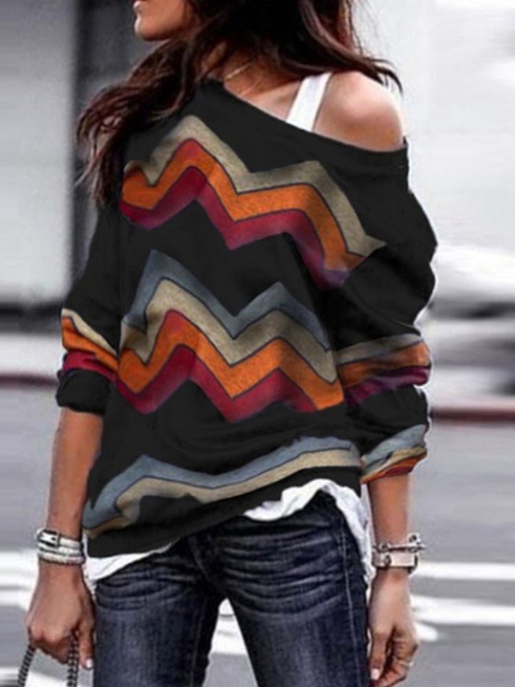 Blouses Geometric Print Off Shoulder Casual Long Sleeve Blouse - LuckyFash™