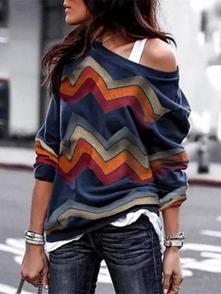 Blouses Geometric Print Off Shoulder Casual Long Sleeve Blouse - LuckyFash™