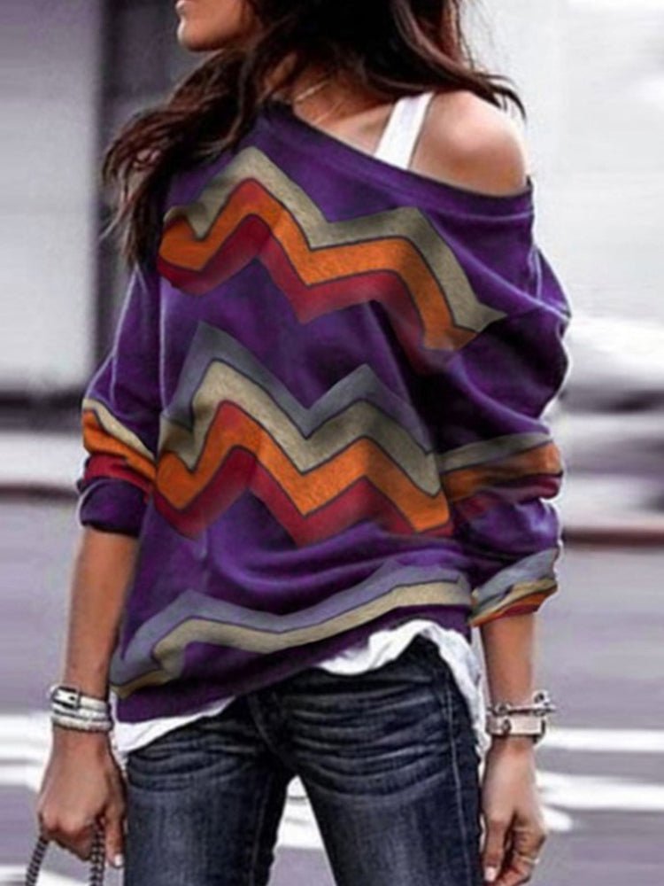 Blouses Geometric Print Off Shoulder Casual Long Sleeve Blouse - LuckyFash™