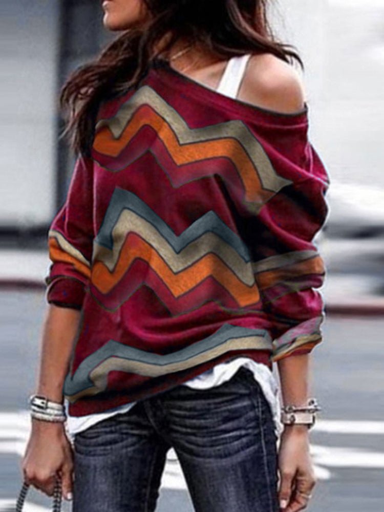 Blouses Geometric Print Off Shoulder Casual Long Sleeve Blouse - LuckyFash™