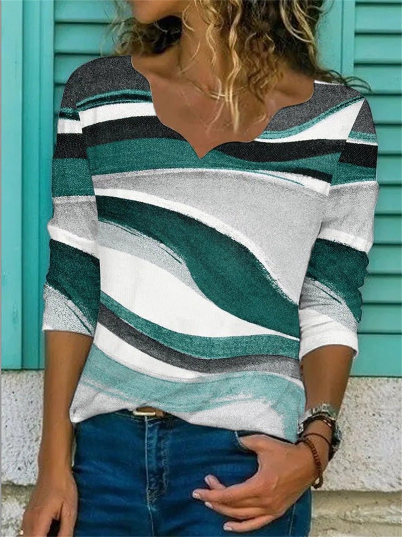 Women's T-Shirts Geometric Print Wavy Neck Long Sleeve T-Shirt - LuckyFash™