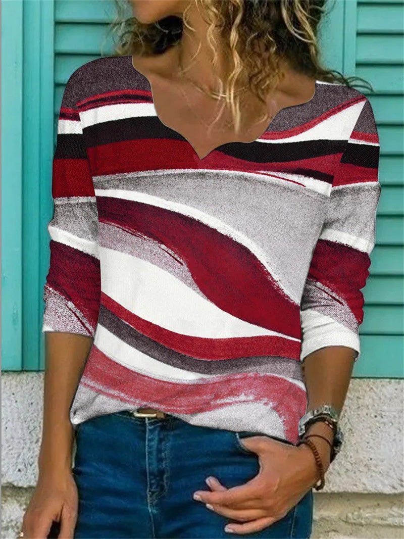 Women's T-Shirts Geometric Print Wavy Neck Long Sleeve T-Shirt - LuckyFash™
