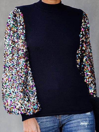 Women's T-Shirts Half High Collar Sequin Stitching Lantern Long Sleeve T-Shirts - LuckyFash™