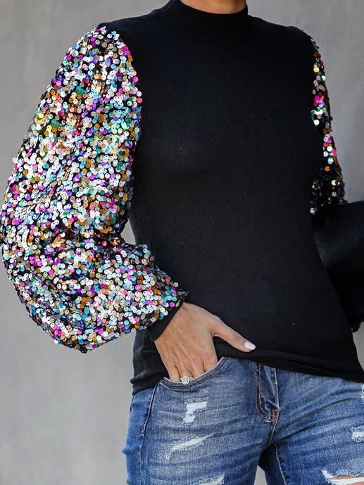 Women's T-Shirts Half High Collar Sequin Stitching Lantern Long Sleeve T-Shirts - LuckyFash™
