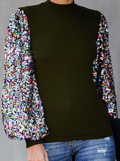 Women's T-Shirts Half High Collar Sequin Stitching Lantern Long Sleeve T-Shirts - LuckyFash™