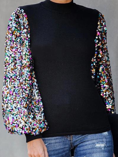 Women's T-Shirts Half High Collar Sequin Stitching Lantern Long Sleeve T-Shirts - LuckyFash™