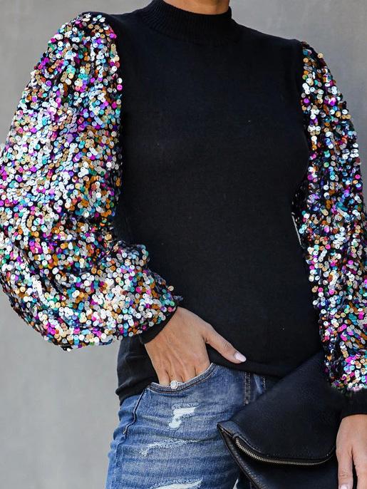 Women's T-Shirts Half High Collar Sequin Stitching Lantern Long Sleeve T-Shirts - LuckyFash™