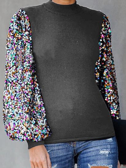 Women's T-Shirts Half High Collar Sequin Stitching Lantern Long Sleeve T-Shirts - LuckyFash™