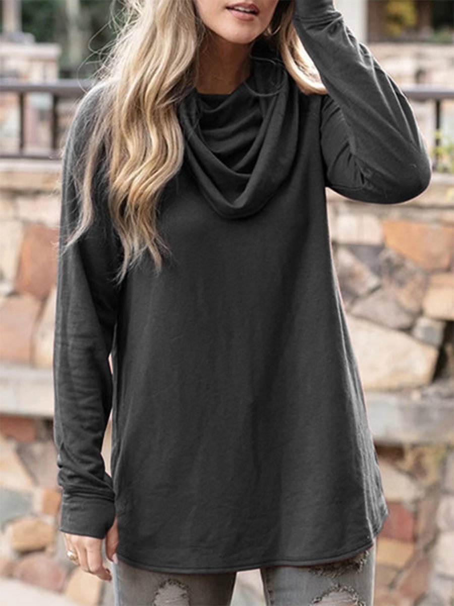 Women's T-Shirts Heap Collar Solid Long Sleeve Casual T-Shirt - LuckyFash™