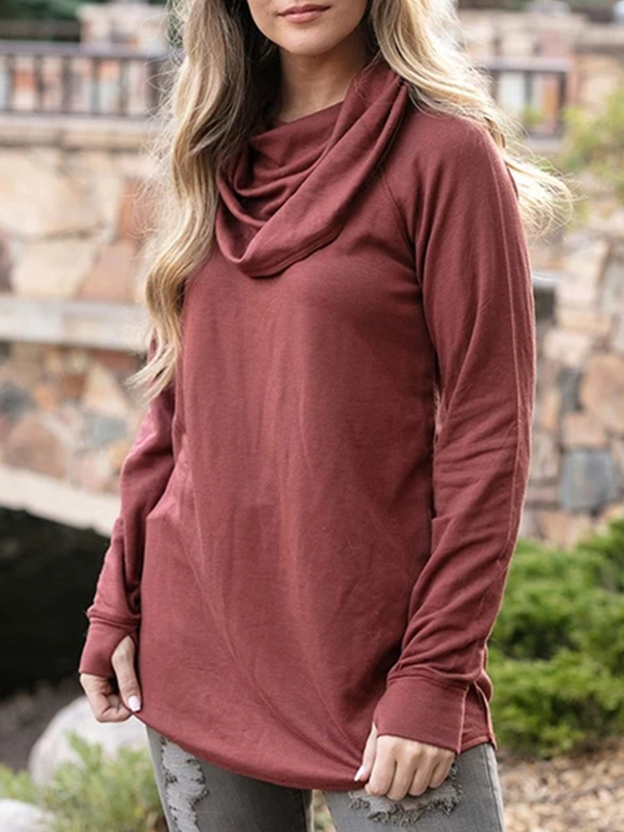 Women's T-Shirts Heap Collar Solid Long Sleeve Casual T-Shirt - LuckyFash™