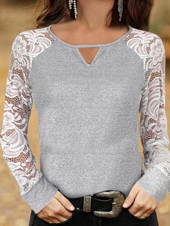 Women's T-Shirts Hollow Lace Long Sleeve Round Neck T-Shirts - LuckyFash™