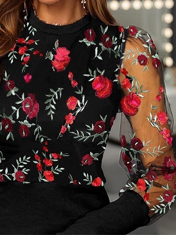 Women's T-Shirts Lace Floral Round Neck Long Sleeve T-Shirt - LuckyFash™