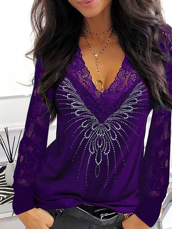 Women's T-Shirts Lace Print V-Neck Long Sleeve T-Shirt - LuckyFash™