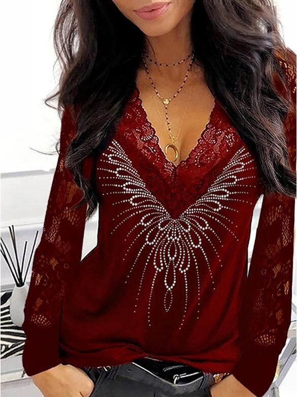 Women's T-Shirts Lace Print V-Neck Long Sleeve T-Shirt - LuckyFash™