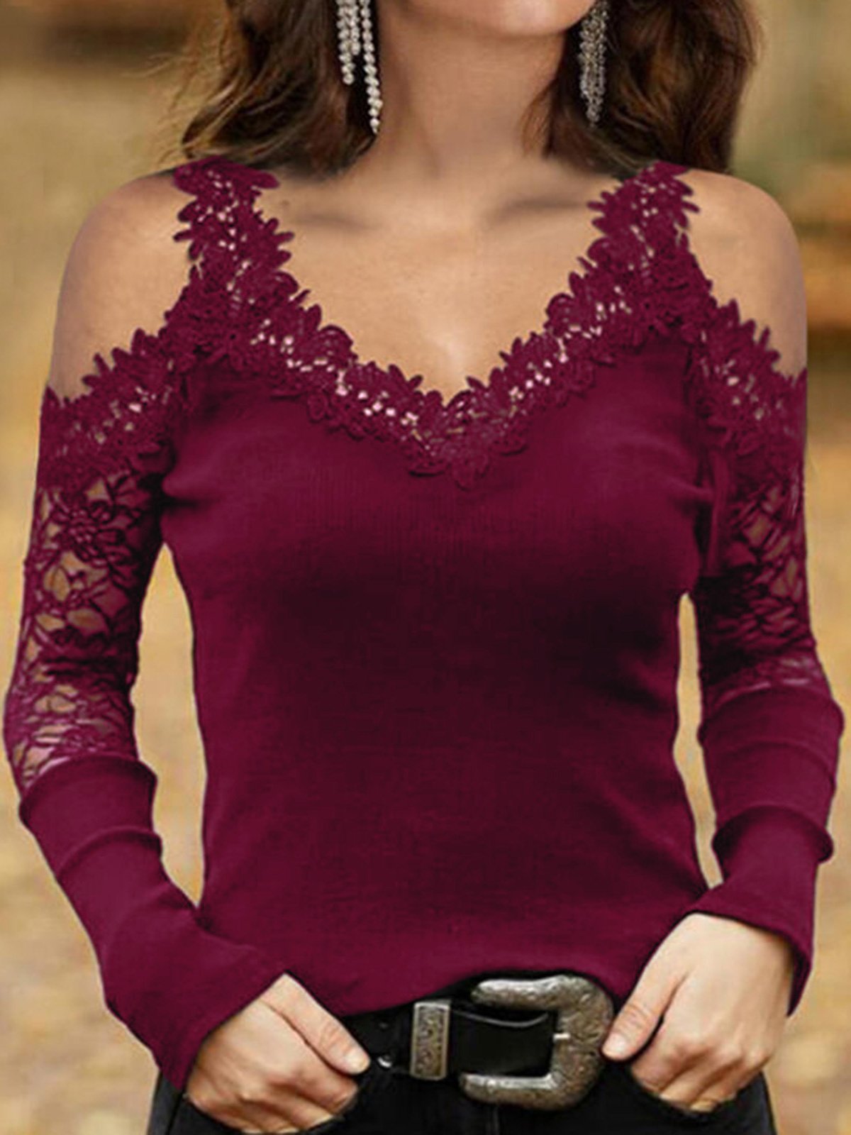 Women's T-Shirts Lace Sling V-Neck Mesh Off-Shoulder Long Sleeve T-Shirts - LuckyFash™