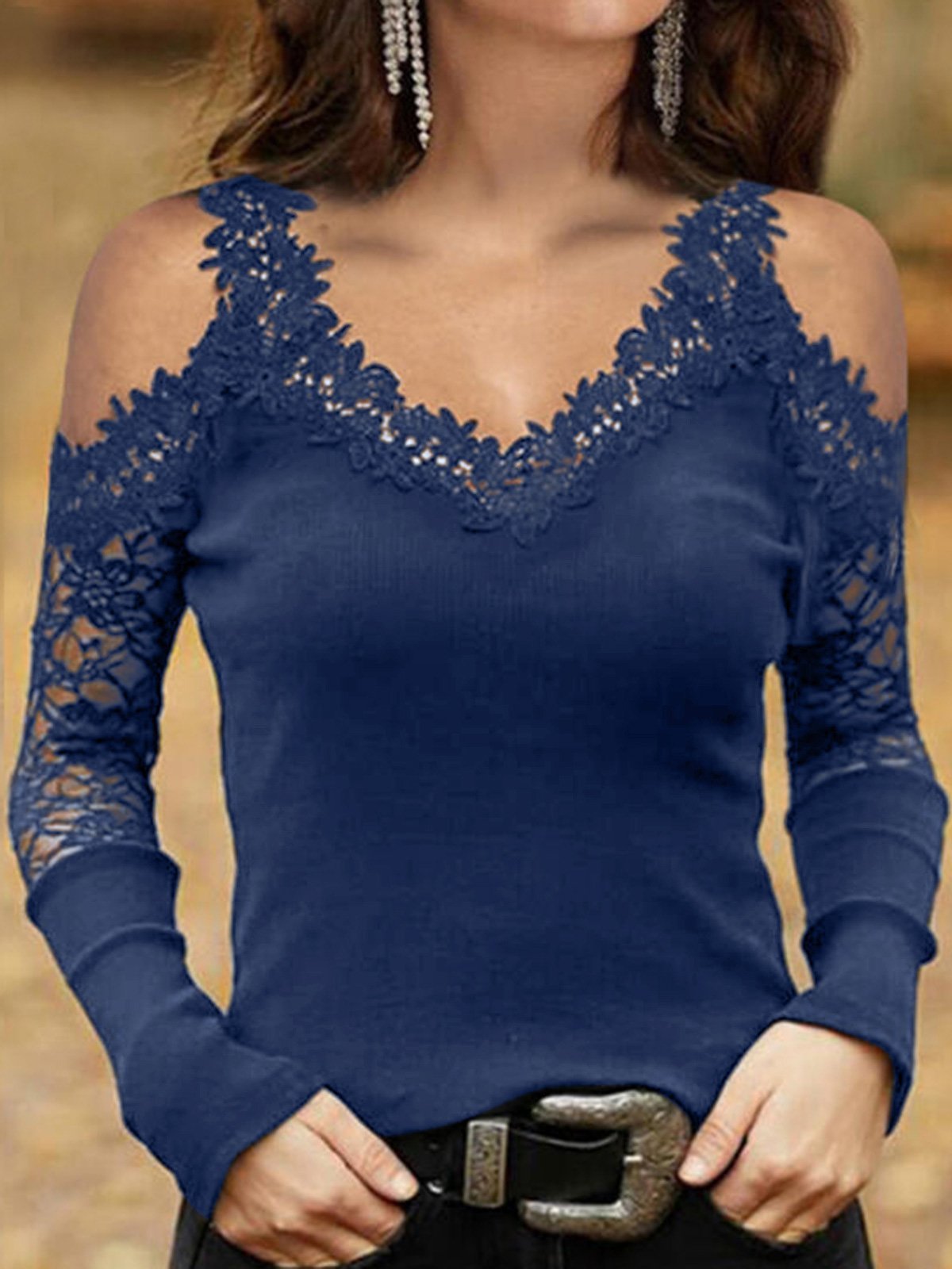 Women's T-Shirts Lace Sling V-Neck Mesh Off-Shoulder Long Sleeve T-Shirts - LuckyFash™