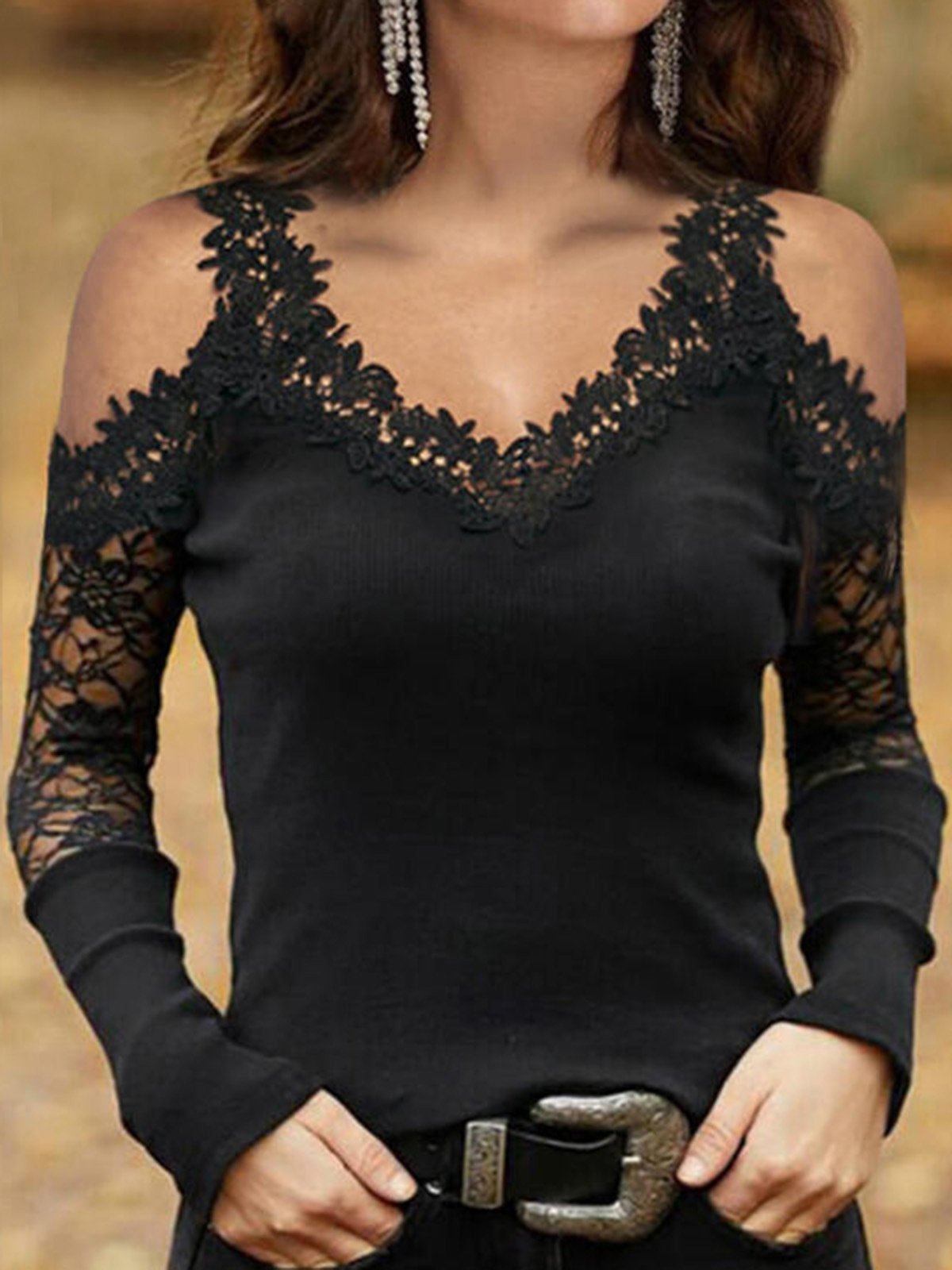 Women's T-Shirts Lace Sling V-Neck Mesh Off-Shoulder Long Sleeve T-Shirts - LuckyFash™