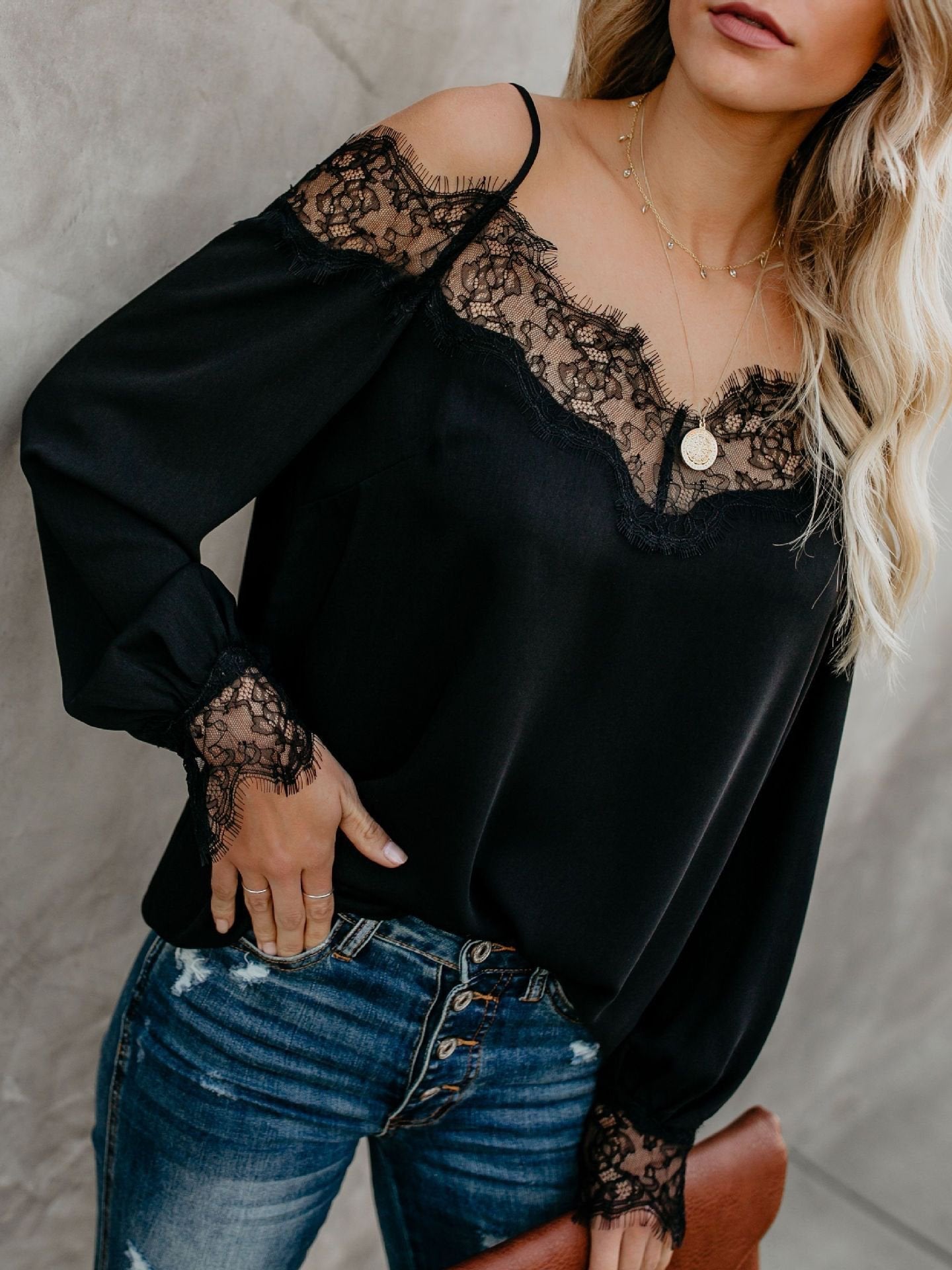Women's T-Shirts Lace Stitching Sling Long Sleeve T-Shirt - LuckyFash™