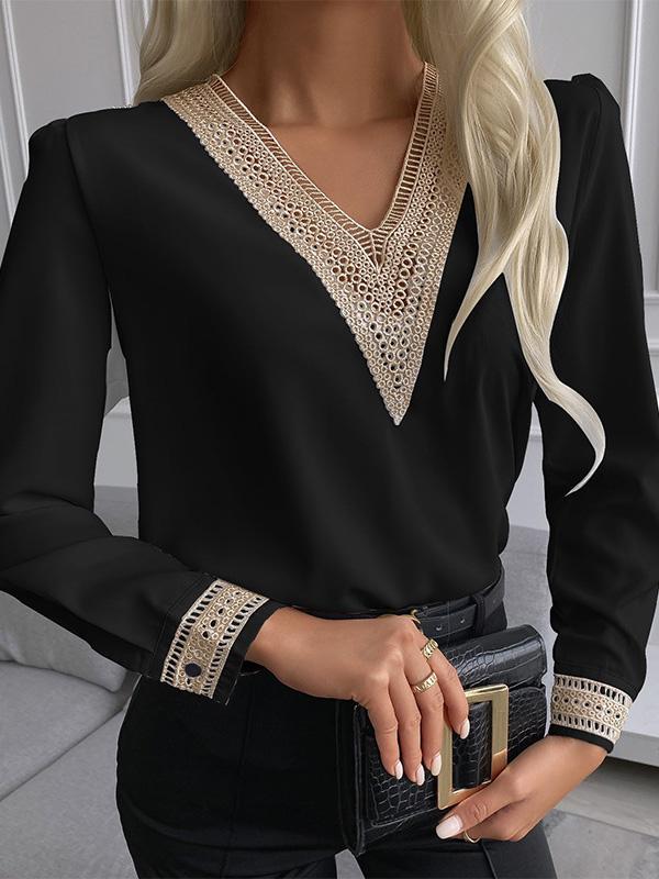 Women's T-Shirts Lace V-Neck Long Sleeve Slim T-Shirts - LuckyFash™